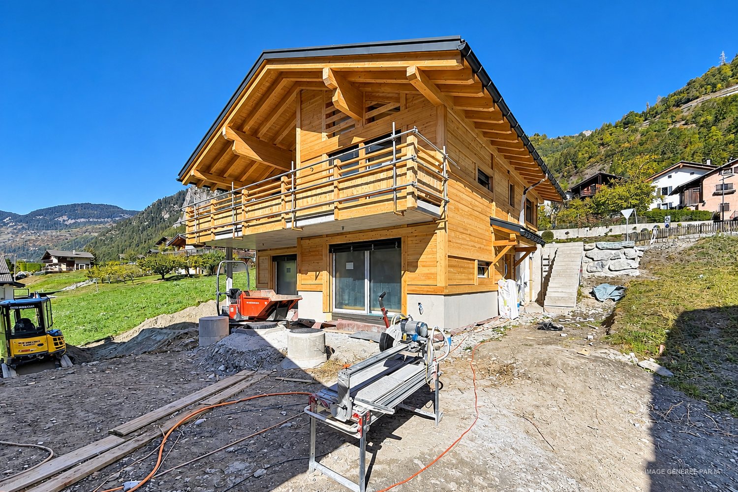 Le bâtiment Névé vu de trois quarts, avec l'escalier extérieur et les aménagements en cours.