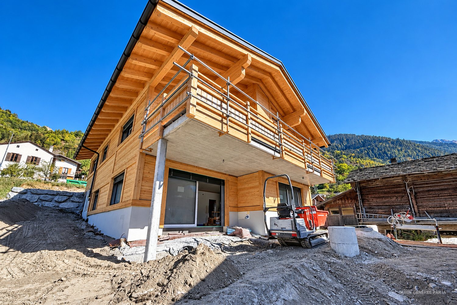 Le bâtiment Névé vu de trois quarts depuis l'aval, balcon et avant-toit en mélèze.