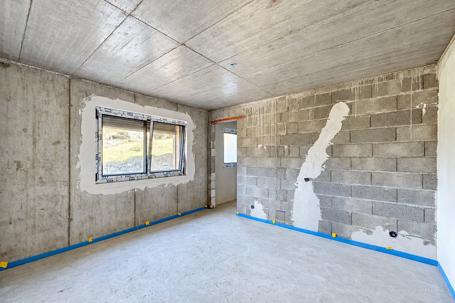 Chambre en cours de travaux, fenêtre posée.