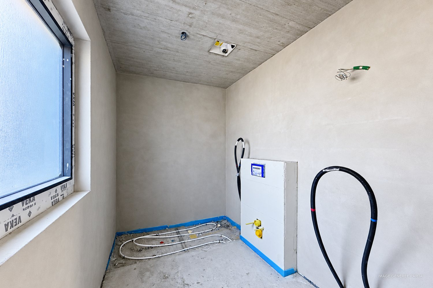 Salle d'eau en cours de travaux : murs enduits, attentes sanitaires posées.