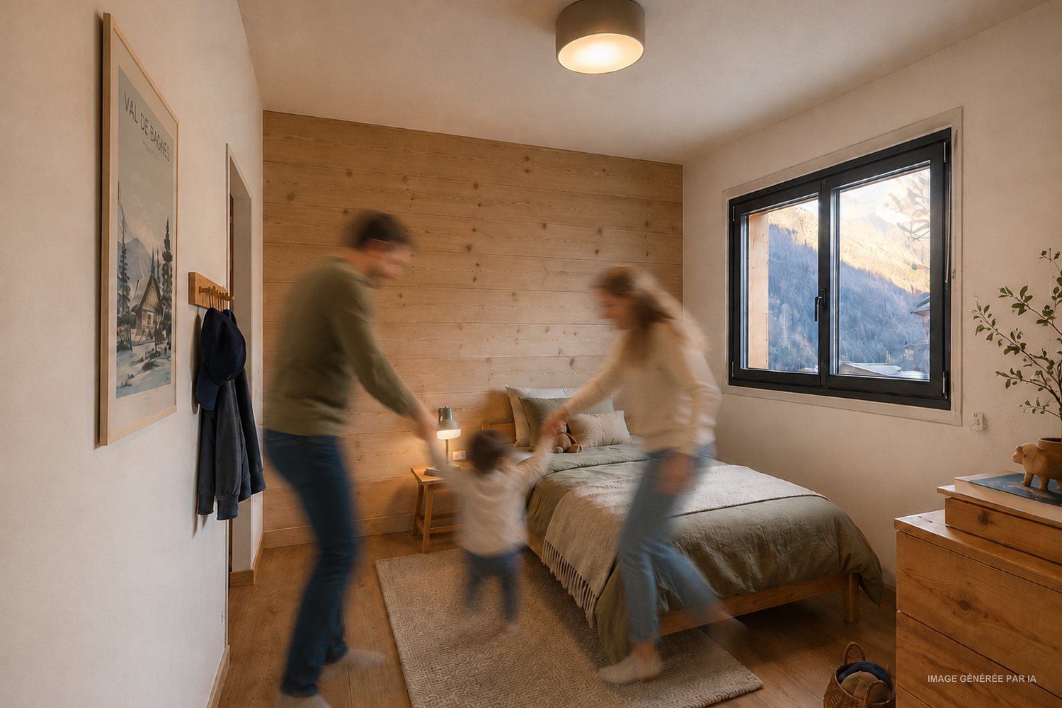 Visuel d'ambiance de la seconde chambre, paroi en bois clair.