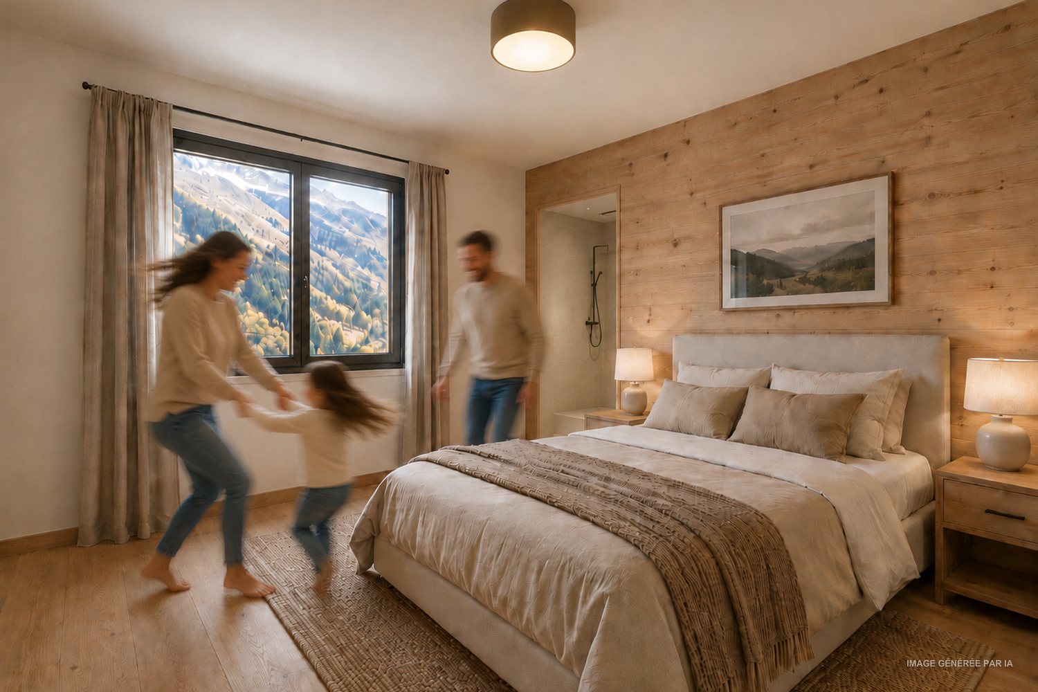 Visuel d'ambiance de la chambre principale, tête de lit en bois, fenêtre sur les montagnes.