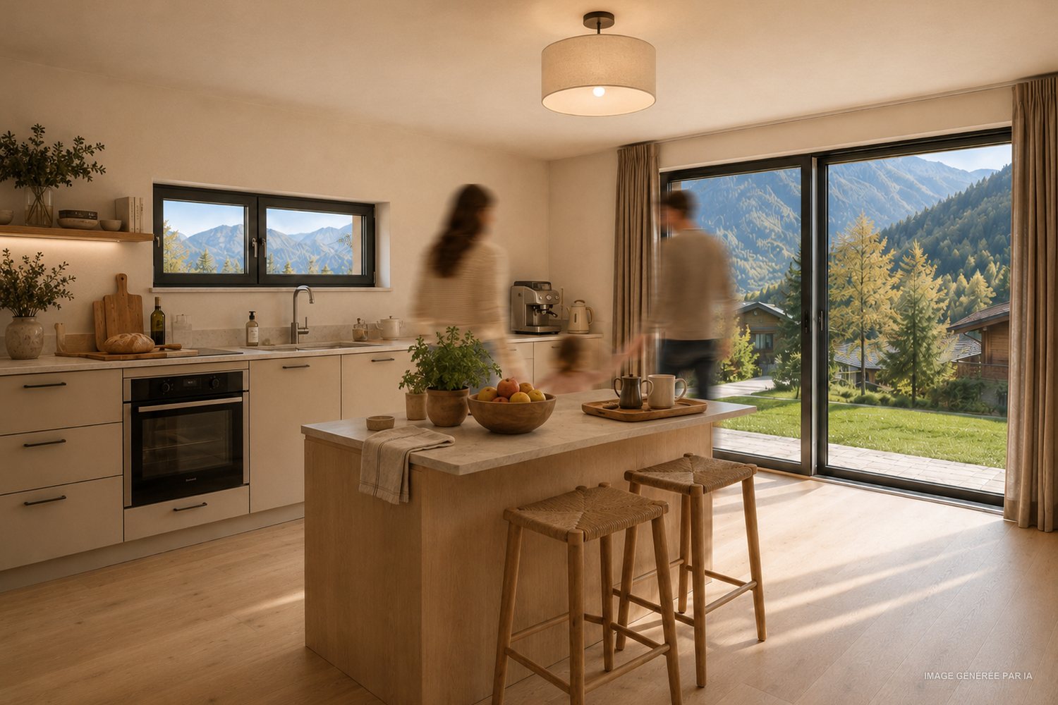 Visuel d'ambiance de la cuisine ouverte avec îlot, donnant sur le jardin.