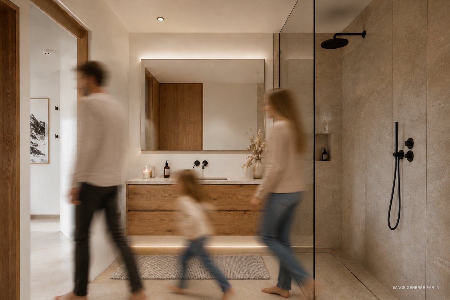 Visuel d'ambiance de la salle de bains, meuble double vasque et douche vitrée.