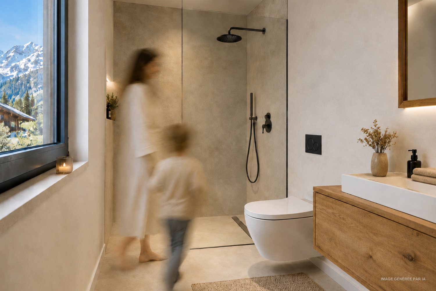 Visuel d'ambiance de la salle de douche, douche à l'italienne et fenêtre sur les sommets.