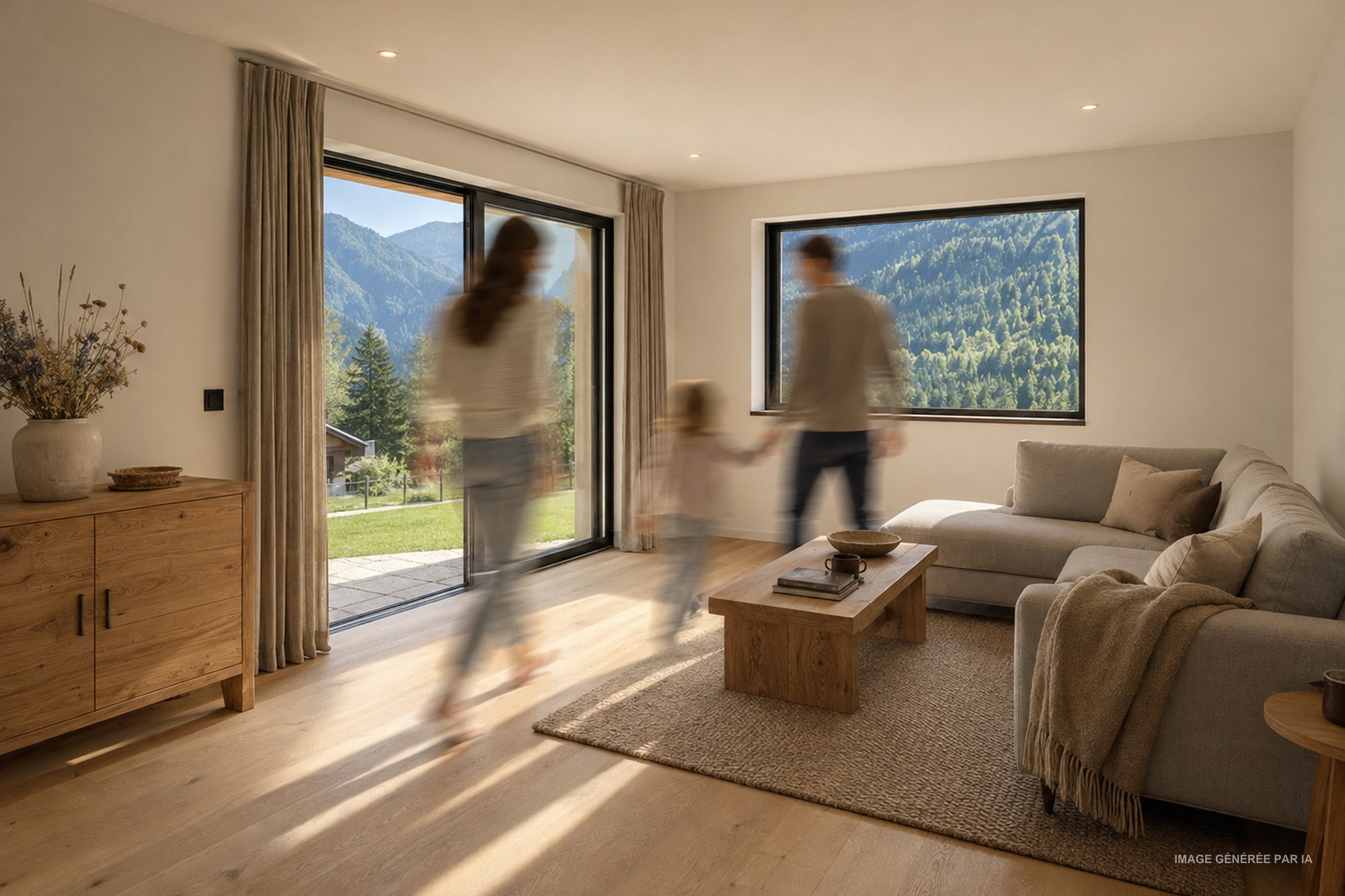 Visuel d'ambiance du séjour : grandes baies ouvertes sur le jardin et la vallée, parquet clair et canapé d'angle.