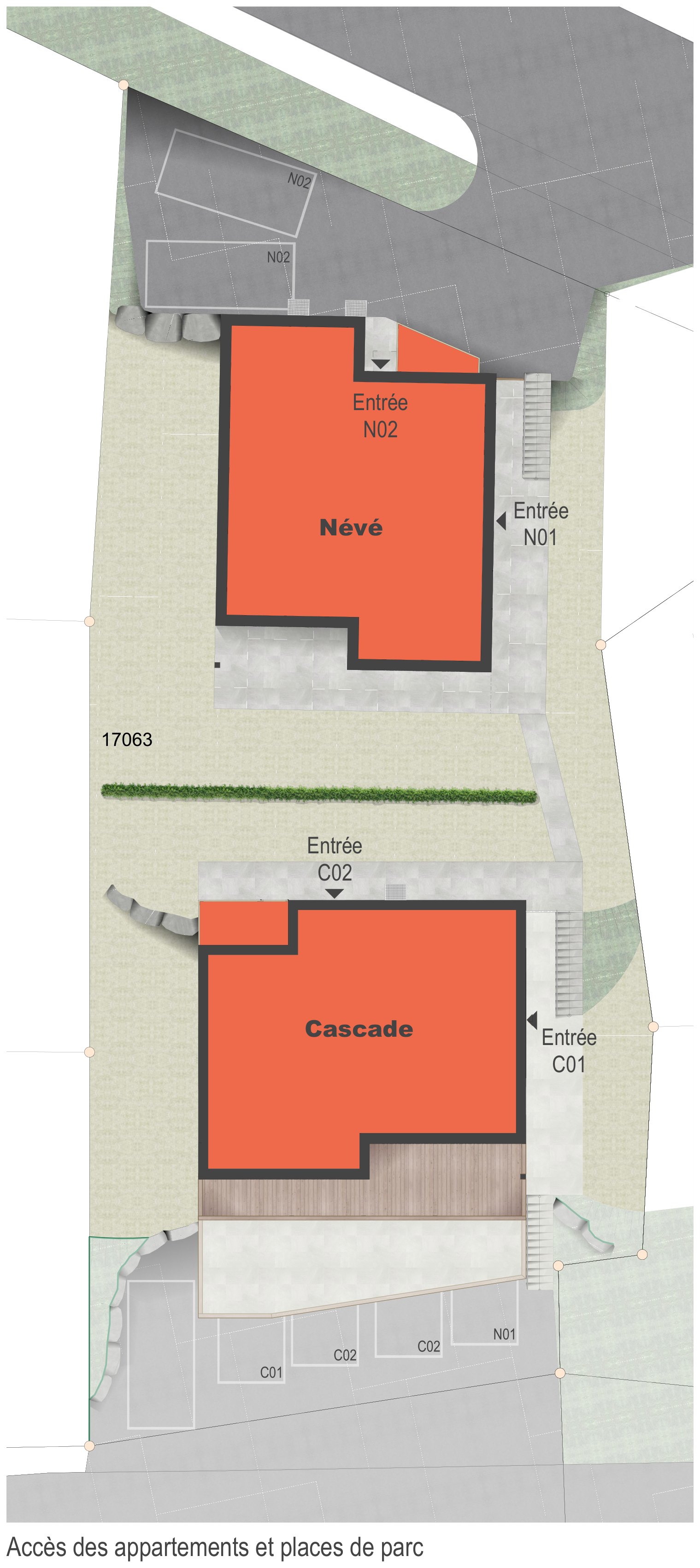 Plan des accès : les deux bâtiments Névé et Cascade, leurs entrées et les places de parc.