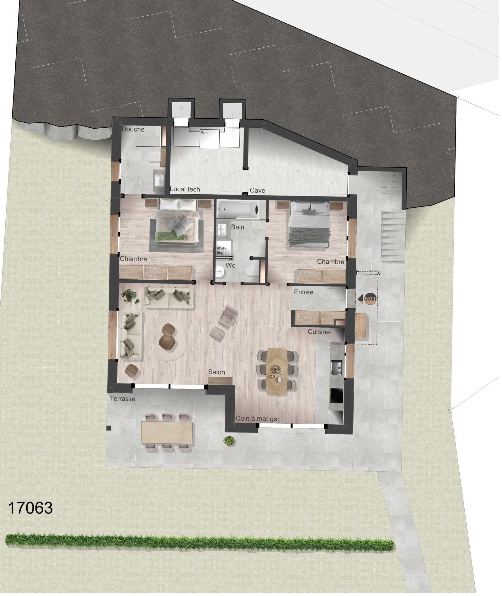Plan de l'appartement du rez-de-jardin : deux chambres, bain, douche, WC, séjour, cuisine, coin à manger, cave, local technique, terrasse et jardin.