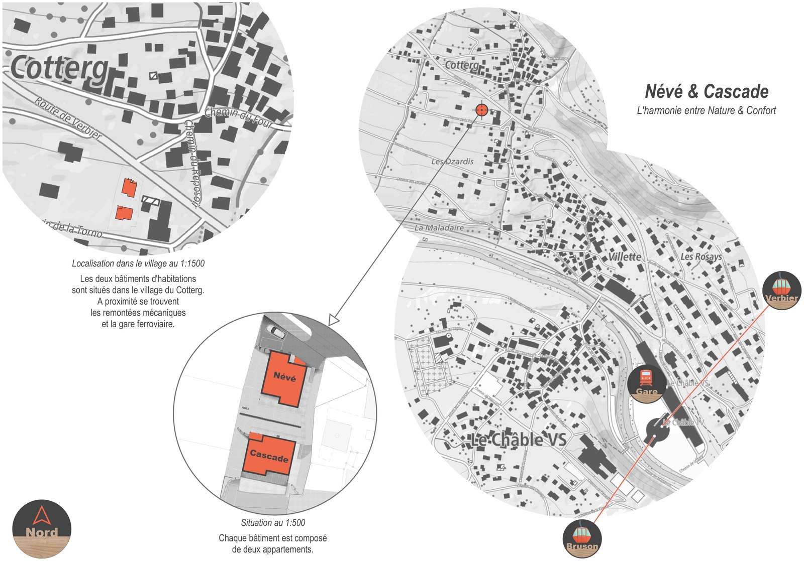 Plan de situation : Le Cotterg dans le village du Châble, avec la gare et la télécabine de Verbier.